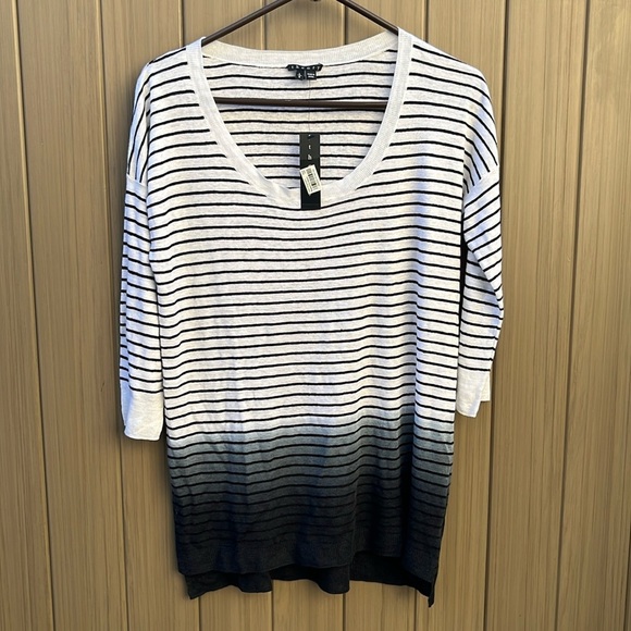 Theory Striped Black White Dip Dye Tunic 3/4  Linen Scoop Neck Sweater Large New - Picture 1 of 10